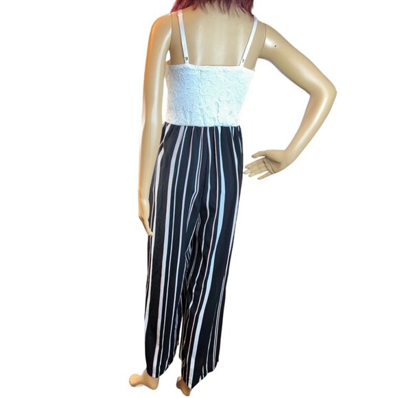 as u wish Mixed Media Wide Leg Jumpsuit in Lace & Stripes - Picture 2 of 10